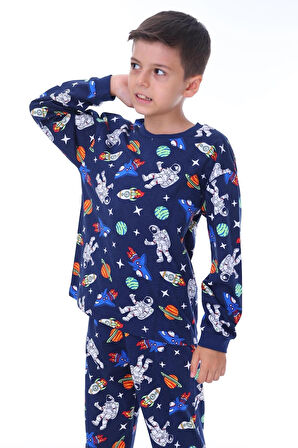 Galaxy ve Astronot Baskılı %100 Pamuk Uzun Kollu Erkek Pijama Takımı (3,4,5,6,7,8 Yaş)
