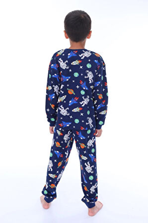 Galaxy ve Astronot Baskılı %100 Pamuk Uzun Kollu Erkek Pijama Takımı (3,4,5,6,7,8 Yaş)