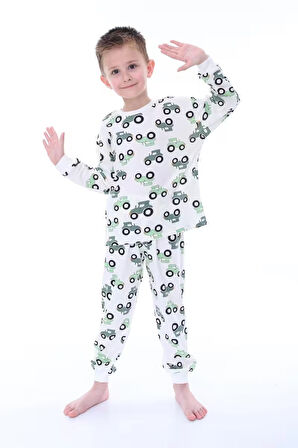Traktör Baskılı %100 Pamuk Uzun Kollu Erkek Çocuk  Pijama Takımı (3,4,5,6,7,8 Yaş)