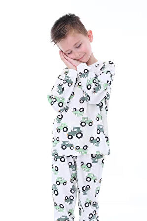Traktör Baskılı %100 Pamuk Uzun Kollu Erkek Çocuk  Pijama Takımı (3,4,5,6,7,8 Yaş)