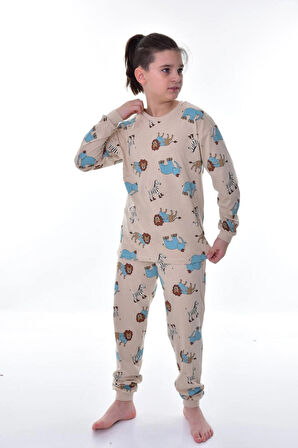 Fil Aslan Zebra Baskılı %100 Pamuk Uzun Kollu Erkek Çocuk  Pijama Takımı (3,4,5,6,7,8 Yaş)