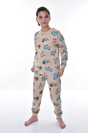 Fil Aslan Zebra Baskılı %100 Pamuk Uzun Kollu Erkek Çocuk  Pijama Takımı (3,4,5,6,7,8 Yaş)