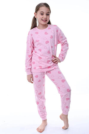 Pembe Kalp Baskılı %100 Pamuk Uzun Kollu Kız Çocuk Pijama Takımı (3,4,5,6,7,8 Yaş)