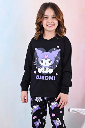 Kuromi Baskılı %100 Pamuk Uzun Kollu Siyah Kız Çocuk Pijama Takımı (3,4,5,6,7,8 Yaş)