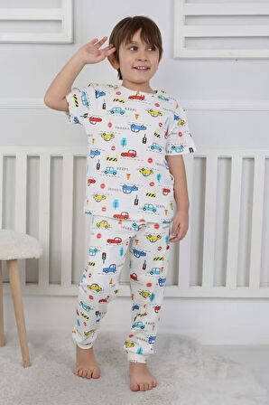 Trafik Desenli Beyaz %100 Pamuk Kısa Kollu Erkek Çocuk  Pijama Takımı (3,4,5,6,7,8 Yaş)