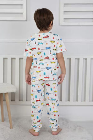 Trafik Desenli Beyaz %100 Pamuk Kısa Kollu Erkek Çocuk  Pijama Takımı (3,4,5,6,7,8 Yaş)