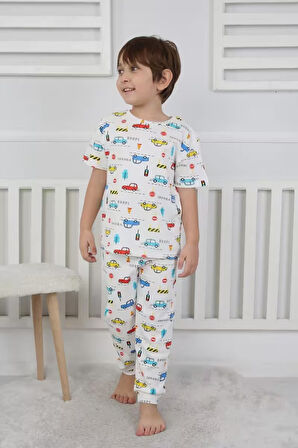 Trafik Desenli Beyaz %100 Pamuk Kısa Kollu Erkek Çocuk  Pijama Takımı (3,4,5,6,7,8 Yaş)