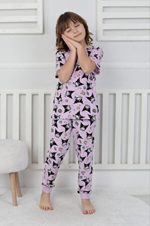 Kuromi Baskılı %100 Pamuk Kısa Kol Uzun Alt Kız Çocuk Pijama Takımı (3,4,5,6,7,8 Yaş)