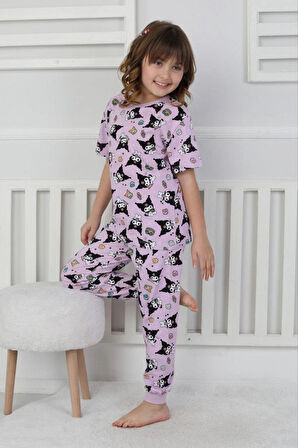 Kuromi Baskılı %100 Pamuk Kısa Kol Uzun Alt Kız Çocuk Pijama Takımı (3,4,5,6,7,8 Yaş)