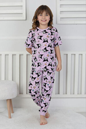 Kuromi Baskılı %100 Pamuk Kısa Kol Uzun Alt Kız Çocuk Pijama Takımı (3,4,5,6,7,8 Yaş)