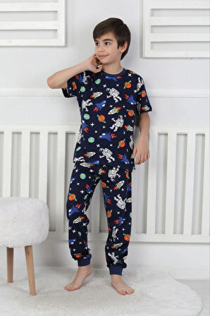 Galaxy ve Astronot Baskılı %100 Pamuk Kısa Kol Uzun Alt Erkek Pijama Takımı (3,4,5,6,7,8 Yaş)