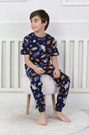 Galaxy ve Astronot Baskılı %100 Pamuk Kısa Kol Uzun Alt Erkek Pijama Takımı (3,4,5,6,7,8 Yaş)