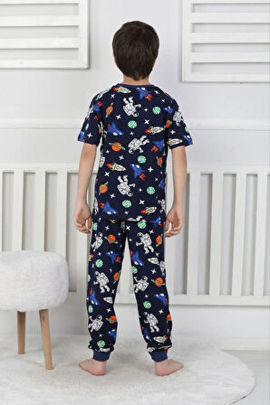 Galaxy ve Astronot Baskılı %100 Pamuk Kısa Kol Uzun Alt Erkek Pijama Takımı (3,4,5,6,7,8 Yaş)