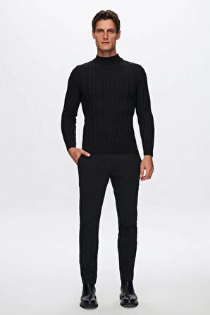 Slim Fit Siyah Fitilli Pamuk Karışımlı Yarım Balıkçı Dar Kesim Vücudu Saran Triko Kazak 5HF06ORT64100