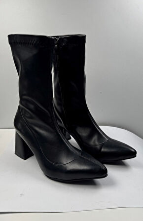 Kadın Deri Bot Sivri Burun Dikiş Detaylı Fermuarlı Streç Esnek Kalın Topuklu Ayakkabı 779