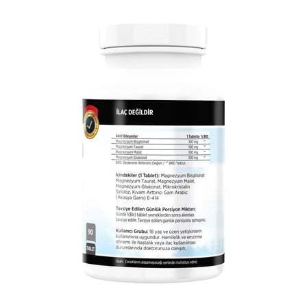 Magnezyum Bisglisinat Malat Taurat Glukonat 90 Tablet