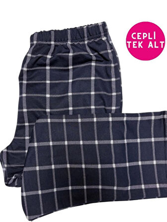 Erkek Kışlık Pamuk Likra Düz Paça Ekose Desen Cepli Tek Pijama Altı