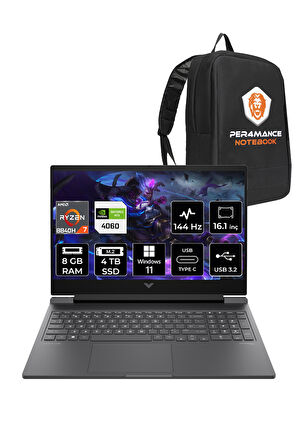 HP Victus 16 R7 8845HS 8GB 4TB SSD RTX4060/8GB 144Hz FHD 16.1'' W11H Gaming Laptop & PER4 ÇANTA