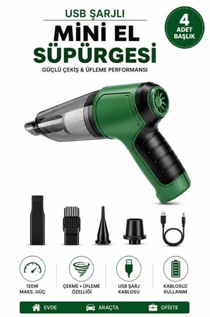 Araç Süpürgesi USB Şarjlı Mini El Süpürgesi Kablosuz Şarjlı Çekme ve Üfleme Özellikli 4 Başlıklı Taşınabilir El Tipi Vakum Temizleyici