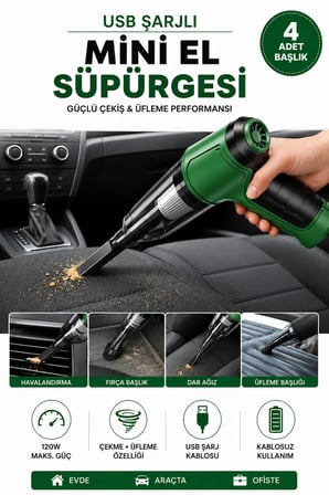Araç Süpürgesi USB Şarjlı Mini El Süpürgesi Kablosuz Şarjlı Çekme ve Üfleme Özellikli 4 Başlıklı Taşınabilir El Tipi Vakum Temizleyici