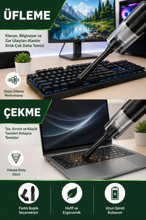Araç Süpürgesi USB Şarjlı Mini El Süpürgesi Kablosuz Şarjlı Çekme ve Üfleme Özellikli 4 Başlıklı Taşınabilir El Tipi Vakum Temizleyici