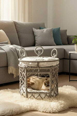 Reyo Lüxperi Kristal Taşlı İki Katlı Kedi Yatağı, Kedi Ranzası Açık Gri