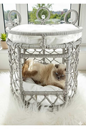 Reyo Lüxperi Kristal Taşlı İki Katlı Kedi Yatağı, Kedi Ranzası Açık Gri