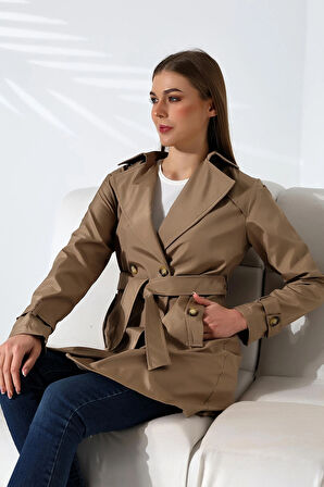 Kadın Degaje Kuşaklı Yarım Boy Astarlı Uzun Kollu Döğmeli TrençKot Vizon