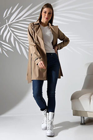 Kadın Degaje Kuşaklı Yarım Boy Astarlı Uzun Kollu Döğmeli TrençKot Vizon