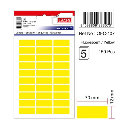 Tanex Ofis Etiketi Poşetli 12X30 Mm Fosforlu Sarı Ofc-107 (10 Lu Paket)