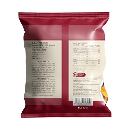Clean Powders Protein Chips 50 Gr Acı Biber Yeşil Limon 12 Adet - ACI BİBER - YEŞİL LİMON