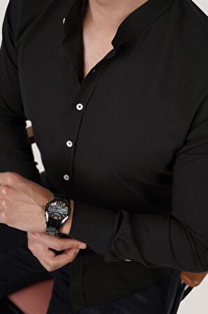 Hakim Yaka Siyah Slimfit Keten Gömlek