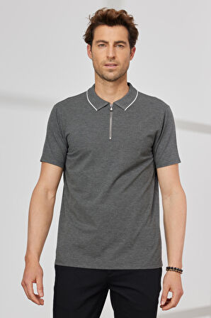 Erkek Antrasit Slim Fit Dar Kesim Polo Yaka Jakarlı Tişört