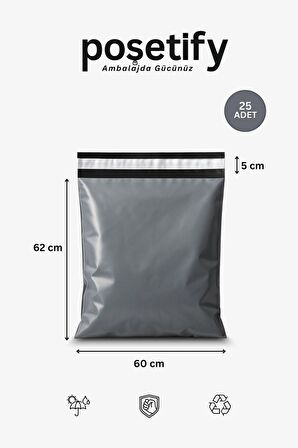 Gri Cepsiz Kargo Poşeti 60x62+5 cm | Yapışkan Bantlı Kargo Zarfı | 25’li E-Ticaret Poşeti