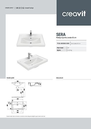 Creavit Sera 45x65 cm Etajerli Mobilya Dolap Uyumlu Lavabo TF165