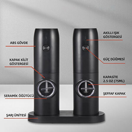 Mioji Mio SG2 Yeni Nesil 600mAh Şarj Üniteli Işıklı Tuz Karabiber Değirmeni