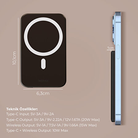 Woyax By Deji Magsafe Powerbank 5000 Mah 20w Hızlı Taşınabilir Batarya iPhone 12 13 14 15 16 Pro Max Mini - Siyah