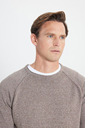 Erkek Kahve-Ekru Recycle Standart Fit Normal Kesim Bisiklet Yaka Pamuklu Muline Desenli Triko Kazak