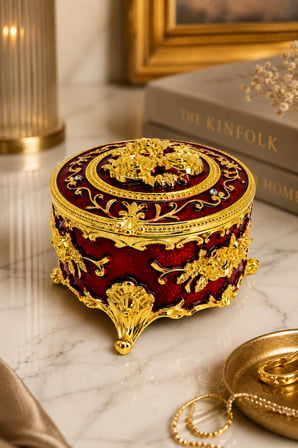 Yuvarlak Renkli Gold İşlemeli Mücevher Kutusu