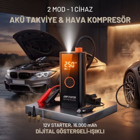 Roichil® Akü Takviye Cihazı ve Lastik Şişirme Pompası 16000mAh – Powerbank Özellikli, Dijital Ekranlı SOS Fenerli Taşınabilir Kompresör