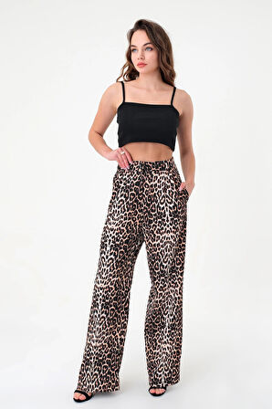 Kadın Kahverengi Pix Leopar Desenli Yüksek Bel Palazzo Pantolon