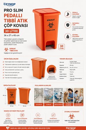 Ceymop Pro Slim Pedallı Tıbbi Atık Çöp Kovası 30 lt  36x27x45 cm