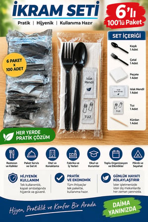 İkram Setiİ 6'lı 100'lü Paket (Kaşık+Çatal+Peçete+Islak Mendil+Tuz+Kürdan)
