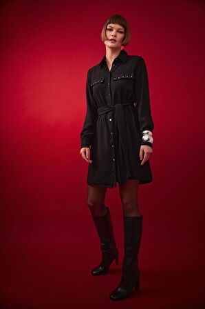 DeFacto Gömlek Yaka Kuşaklı Uzun Kollu Mini Krep Elbise B2021AX23AUBK81