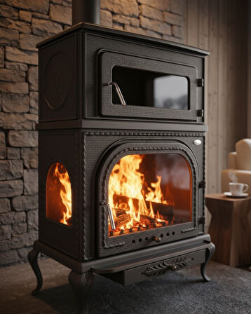 Reyo Stove Abant Üç Camlı Yan Kapak Fırınlı Döküm Şömine Soba