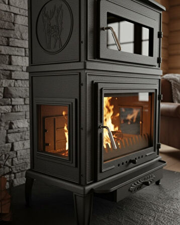 Reyo Stove Salda Üç Camlı Yan Kapak Fırınlı Döküm Şömine Soba