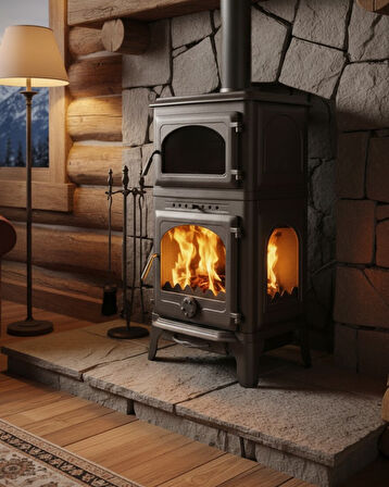 Reyo Stove Mengücek Üç Camlı Yan Kapak Fırınlı Döküm Şömine Soba