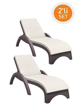 Omnipazar TRK-860 Siesta Fiji Bej Minderli Rattan Desenli Ayarlanabilir Lüks Şezlong Kahverengi 2'li Set 