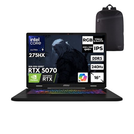 MSI CROSSHAIR 16HX AI Ultra 9-275HX 40-GBDDR5 2 TBSSD RTX5070 (8GB-115W-GDDR7) 16" 2K QHD+ 240Hz Windows 11 Pro + QB Sırt Çantası D2XWGKG-047XTRQB20