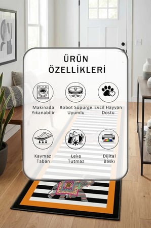 Fil Turuncu Siyah Yıkanabilir Yolluk Halı Kaymaz Taban Salon Mutfak